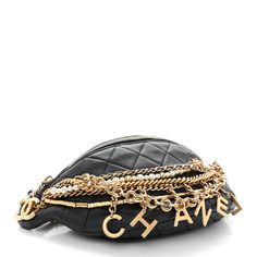 This is an authentic CHANEL Lambskin Quilted All About Chains Waist Belt Bag in Black. This stylish waist bag is finely crafted of diamond quilted black lambskin leather with multi strand aged gold and pearl strands with Chanel initials charms. The bag features an aged gold chain link and leather belt strap waist strap with adjustment links and a top zipper pocket with a Chanel CC zipper pull. This opens to gold leather interior with a zipper pocket. Chanel Belt Bag, Waist Belt Bag, Ribbon Quilt, Chanel Crossbody, Chanel Tweed, Chanel Belt, Chanel Caviar, Waist Strap, Pearl Strands