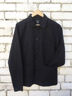 60s Style French Black Cotton Twill Canvas Chore Jacket | Etsy Black Cotton Utility Jacket For Everyday, Everyday Black Cotton Utility Jacket, Classic Black Utility Jacket For Everyday, Black Relaxed Fit Cotton Outerwear, Black Cotton Utility Jacket With Button Closure, Black Cotton Utility Outerwear, Black Outerwear With Patch Pockets For Everyday, Black Cotton Utility Jacket With Snap Buttons, Black Relaxed Fit Utility Jacket With Button Closure