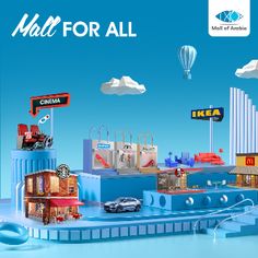 an advertisement for the ikea mall is shown in blue and white with hot air balloons flying above it