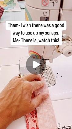 someone is using a sewing machine to sew something on the table with words above it