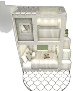 the floor plan for a tiny bedroom with bunk beds and couches is shown in white