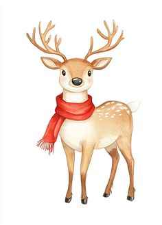 a watercolor drawing of a deer wearing a red scarf