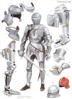 a drawing of armor and helmets from the middle ages