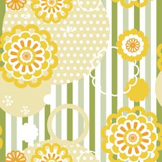 yellow and white flowers on green striped wallpaper with polka dot circles in the center