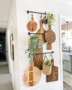 several wooden cutting boards mounted to the wall with plants on them and hanging from hooks