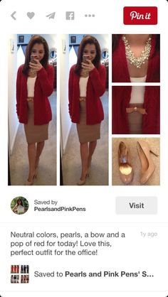 Khaki Skirt Outfits, Khakis Outfit, Tan Pencil Skirt, Business Professional Outfits, Burgundy Blazer, Cute Work Outfits, Pop Of Red, Modest Style