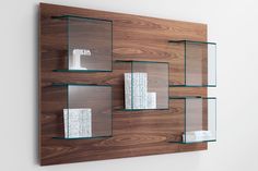 a wall mounted shelf with glass shelves on the side and bookshelves above it