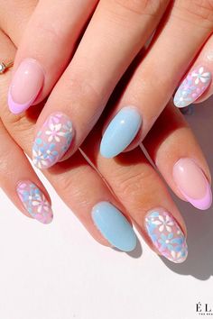 Springtime Serenity: Pastel pink and blue oval nails adorned with exquisite floral accents in white, pink, and blue. Delicate artistry intertwined with a refreshing blend of pastel hues to create an enchanting and blooming masterpiece. Welcome the season in style! 🌸✨ // Photo Credit: Instagram @elanthebeautybar Summer Nails Blue And Pink, Pink Blue Nails, Pink Flower Nails, Green Acrylic Nails, Thanksgiving Nail, Nails Arts, Nail Trend, Cute Simple Nails, Cute Spring Nails