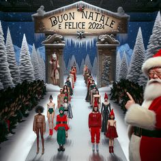 a fashion show with santa claus and other people walking down the runway in front of them