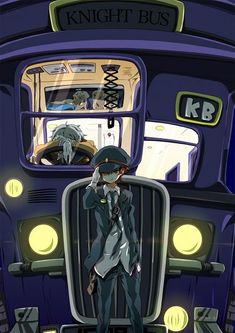 an anime character standing in front of a bus with his hand on his hip and looking out the window