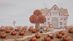 a painting of pumpkins in front of a house