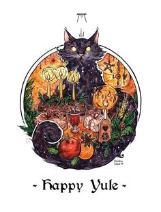 a black cat sitting on top of a table surrounded by food and candles with the words happy yule written below it