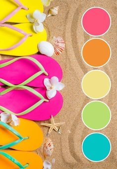 colorful flip flops and starfish on the beach with color swatches to choose from