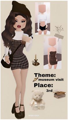 an illustration of a woman in a dress and hat holding a teddy bear, with the caption theme museum visit place 3rd