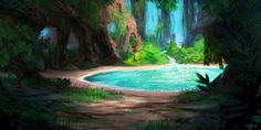 an artist's rendering of a pool surrounded by trees in the forest with water running through it