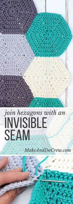 the crochet pattern is shown with text that says, join hexagons with an invisible seam