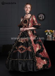 18th Century Baroque Renaissance Victorian Dresses     Condition: Brand New   Color: Wine Red Floral and Black   Material: Brocade   Occasion: Party, Wedding, Events, Photo shoot or Shows   Sleeve Length: Long Sleeves   Collar: Square Collar   Includes: Dress           Whether you're looking for a Vintage Revolutionary,Regency,Early Victorian,Pioneer Women,Old West,Civil War Era,Polonaise Sets,Bustle Eras,Victorian Era,Edwardian Era Dresses Clothing or Historical Period Clothing for you Edwardian Era Dress, Marie Antoinette Dress, Masquerade Party Dresses, Victorian Ball Gowns, Marie Antoinette Dresses, Gothic Victorian Dresses, Antoinette Dress, Victorian Dresses, Gown Vintage