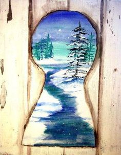 a painting of a door with a snowy scene in the keyhole and trees painted on it