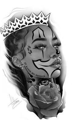 a black and white drawing of a woman with a crown on her head holding a rose