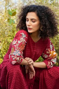 Cherry red dress with textured detail, patchwork embroidered crochet floral motifs sleeves and side pockets. Comes with crochet belt.
Component: 2
Neckline: Crew neck
Sleeve Length: Three quarter
Fabric: Handwoven Cotton Crushed
Color: Red
Crochet belt
Puff sleeves
Patchwork applique - Aza Fashions Elegant Red Dress With Chikankari Embroidery, Red Chikankari Embroidery Maxi Dress, Red Chikankari Embroidered Maxi Dress, Red Maxi Dress With Chikankari Embroidery, Festive Red Dress With Chikankari Embroidery, Red Maxi Dress With Intricate Embroidery, Red Long Sleeve Dress With Chikankari Embroidery, Red Embroidered Maxi Dress, Red Long Sleeve Dress With Intricate Embroidery