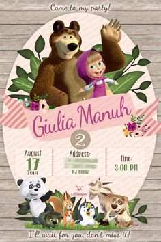 an animal themed birthday party poster with the name and age for each child's first birthday