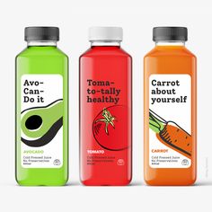 three bottles of juice with the words tomato, carrot, and broccoli on them