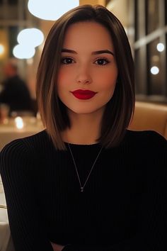 Woman with shoulder-length hair and red lipstick, wearing a black top, sitting in a softly lit restaurant. Bob Hairstyles Women, Straight Across Bangs, Highlighted Bangs, Asymmetrical Style, Perfect Hairstyle, Angled Bob, Hairstyles Women, Bob With Bangs, Christmas Outfits