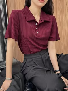 Burgundy Casual Collar Short Sleeve Fabric Plain  Embellished Slight Stretch Summer Women Clothing Outfit Ideas With Red Shirt, Red Collared Shirt Outfit, Short Sleeve Suits For Women, Button Up Shirt Aesthetic, Shirt And Pants Women, Short Sleeve Button Up Women, Red Clothes Aesthetic, Burgundy Shirt Outfit, Court Clothes