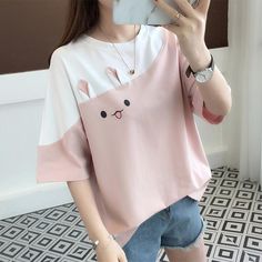 Color: Pink, Size: M Style Kawaii, Kawaii Bunny, Bunny Shirt, Style Japonais, Korean Fashion Women, Short Sleeve Pattern, Kawaii Clothes, Trendy Tops, Kawaii Fashion