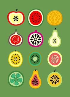 a poster with fruit cut in half on a green background