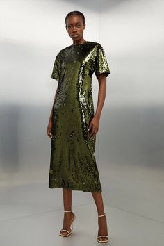 Sequin Woven Midi Dress | Karen Millen Chartreuse Sequin Dress, Safari Fashion, Capsule Wardrobe Dresses, Midi Wedding Guest Dress, Hen Do Outfits, Green Sequin Dress, Spring Wedding Guest Dress, Ibiza Outfits, Creative Cocktail