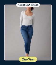 Next Level Stretch/Our softest, most comfortable, never-loses-its-shape denim/Dark wash/Raw hem Casual High Rise Jeggings With Frayed Hem, Casual Jeggings With Frayed Hem, Casual Medium Wash Jeggings For Fall, Fall Casual Medium Wash Jeggings, Casual Medium Wash Jeggings For Everyday, Jeggings, Next Level, Women's Jeans, American Eagle Outfitters