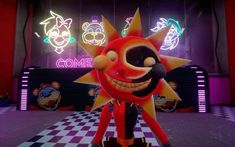 an animated character standing in front of some neon signs