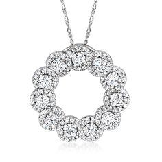 Ross-Simons - 1.00ct t. w. Diamond Eternity Circle Pendant Necklace in 14kt White Gold. 18". Our eternity circle pendant necklace emits endless shimmer and sparkle with 1.00 ct. t. w. diamond clusters in polished 14kt white gold. Suspends from a rope chain. Springring clasp, diamond eternity circle pendant necklace. Diamond birthstones are the perfect gift for April birthdays. Cubic Zirconia Halo Diamond Necklace, Dazzling Round Halo Diamond Necklace, Round Diamond Necklace With Halo Setting For Anniversary, Dazzling Round Cut Halo Diamond Necklace, Anniversary Halo Diamond Necklace With Round Cut, Anniversary Round Cut Halo Diamond Necklace, Round Cut Halo Diamond Necklace For Anniversary, Brilliant Cut Diamond Necklace With Open Circle For Anniversary, Brilliant Cut Open Circle Diamond Necklace For Anniversary