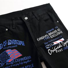 Scratches and rips are the main feature of these stone washed denim 6 pocket pants. Patches with the brand’s lettering embroidery and decorated with the American Flag on the left leg. Metal buttons fastening. The Maison’s lettering is embroidered under the rear waistband. Two needle stitching. Fit: Straight.[custom tab] FABRIC #1: 99% COTTON 1% ELASTANE | LINING #1: 65% POLYESTER 35% COTTON | INSERT #1: 100% POLYESTER | INSERT #2: 100% ACRYLONITRILE BUTADIENE STYRENE (ABS) [/custom tab] Urban Jeans With Letter Print For Streetwear, Denim Streetwear Bottoms With Letter Print, Denim Blue Jeans With Letter Print, Urban Black Jeans With Letter Print, Black Urban Jeans With Letter Print, Denim Bottoms With Letter Print For Streetwear, Straight Leg Denim Blue Jeans With Letter Print, Trendy Denim Blue Jeans With Letter Print, Cotton Jeans With Letter Print For Streetwear