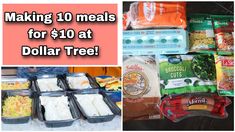 the collage shows different types of food in plastic containers and on sale at dollar tree