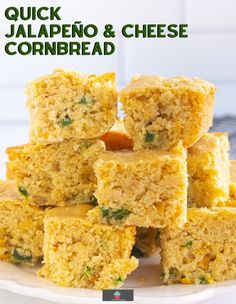 several pieces of cornbread stacked on top of each other with the words quick jalapeno and cheese cornbread