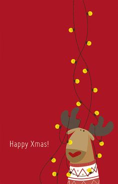 a reindeer with christmas lights on its antlers is standing in front of a red background