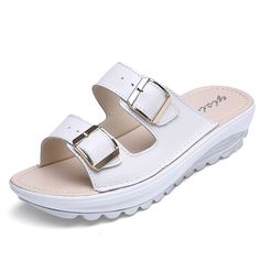 Casual Women Sandals Genuine Leather Summer Flats Shoes Women Fashion Platform Wedges Female Beach Slipper Size 35-43 White Toe Post Sandals With Buckle Closure, Summer Wedge Sandals With Buckle Closure, Slip-on, Beach Toe Post Wedge Sandals With Buckle Closure, Toe Post Wedge Sandals With Buckle Closure For Beach, Vacation Toe Post Wedge Sandals With Buckle Closure, Beach Wedge Sandals With Buckle Closure And Toe Post, Beach Slip-on Wedge Sandals With Buckle Closure, Slip-on Wedge Sandals With Buckle Closure For Beach, White Platform Footbed Sandals