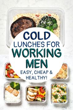 the words cold lunches for working men are in front of four plastic containers filled with food