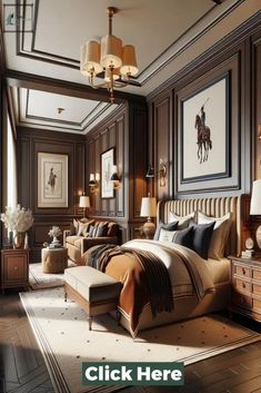 a bedroom with wood paneling and brown walls