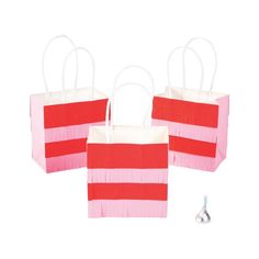 three small pink and red bags with handles