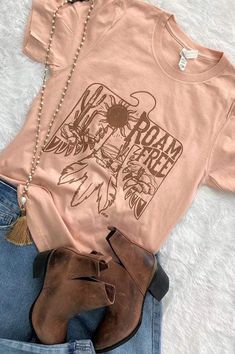 "Roam Free" Sizes Small-3XL Super soft Canvas brand t-shirt Peach Fits true to size 52% cotton, 48% polyester Western Tee, Western Graphic Tees, Western Art, Country Outfits, Western Shirts, Western Outfits, Western Wear, Branded T Shirts, Western Fashion