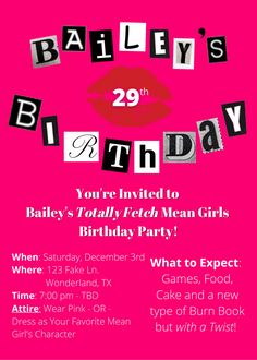 a pink birthday party flyer with black and white letters on the front, and red lips