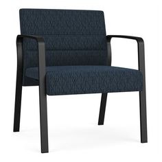 an office chair with black frame and blue upholstered fabric