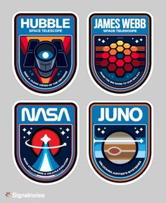 four stickers depicting the logos for nasa, hubble and james webbb space telescopes