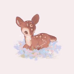 a drawing of a baby deer laying in the grass with stars on it's head