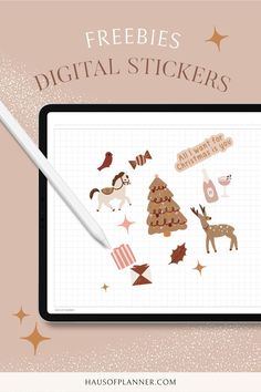 a tablet with christmas stickers on it and the text freebies digital stickers