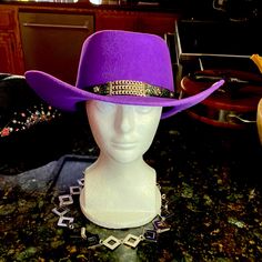 Little Joe Purple 100% Wool Western Hat. Silver & Black Headband With Chain & Stud Designs. Unisex Size Medium. Brand New, Never Worn. Nwot Western Hat, Silver Headband, Black Headband, Western Hats, Black Silver, The 100, Women Accessories, Size Medium, Brand New