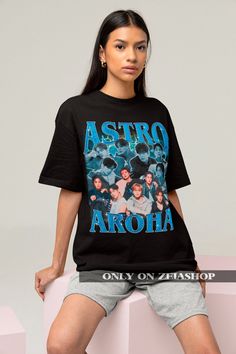 "Astro Aroha Bootleg Shirt - Kpop Retro Tee - Kpop Merch - Kpop Gift - Astro Merch - Astro Bootleg Shirt - Astro Kpop Tee This is our unisex shirt, and it's true to size. To get the oversized look, you have to choose +1 or +2 of your original size number. If you're not sure about your size, you can refer to our size chart. Reach out if you have any issues with your order! The unisex heavy cotton tee is the basic staple of any wardrobe. It is the foundation upon which casual fashion grows. The specially spun fibers provide a smooth surface for premium printing vividity and sharpness. No side seams mean there are no itchy interruptions under the arms. The shoulders have tape for improved durability. .: 100% cotton (fiber content may vary for different colors) .: Medium fabric (5.3 oz/yd² (18 Harajuku Style Cotton Printed Top, Cotton Harajuku Printed Tops, Cotton Printed Harajuku Tops, Kpop Style Relaxed Fit Letter Print Tops, Kpop Style Relaxed Fit Tops With Letter Print, Black Kpop Tops With Character Print, Black Kpop Style Top With Character Print, Kpop Style Letter Print Relaxed Fit Top, Kpop Style Tops With Letter Print In Relaxed Fit